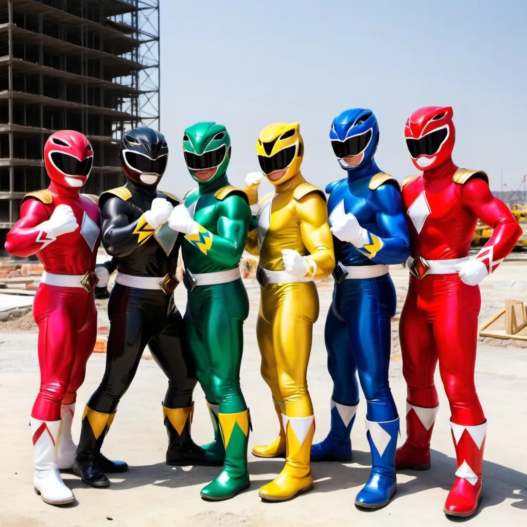 Prompt: 5 power rangers punch with Donald Trump on construction site.

The color of power rangers is red , yellow, black ,green , blue.