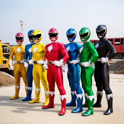 Prompt: 5 power rangers on construction site.

The color of power rangers is red , yellow, black ,green , blue.