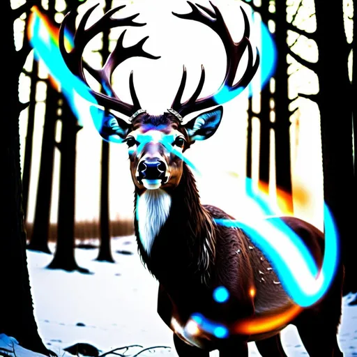 Prompt: Magical, dark brown deer, massive sharp antlers, silvery glow, huge hazel eyes, larger than a horse, fantasy, mystical, glowing eyes, silver tones, majestic, 