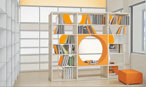 Prompt: the interior of the book depository in the children's library, light walls, light beige floor, windows with light orange blinds, a computer table made of light wood, white shelves, a beige computer chair, an orange ottoman, an orange ring seat is built inside one of the shelves