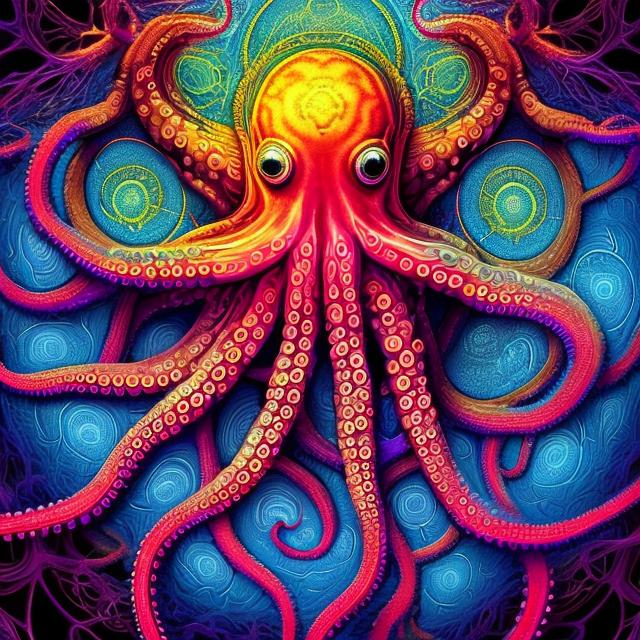 Prompt: Psychedelic Octopus hidden within fractals and sacred geometry.  Sending binary code and fibonacci sequences.