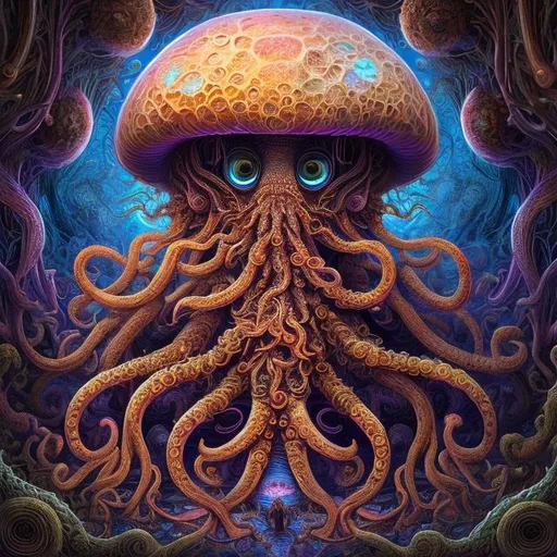 Prompt: a intricate ornate psychedelic image of a mushroom alien octopus entity from another dimension, digital art by felix kelly, alex grey, dan mumford, artgerm, psychedelic art, psychedelic, fractalism, fractals, sacred geometry, artstation, detailed, art, hyper realism, hyper detailed.
