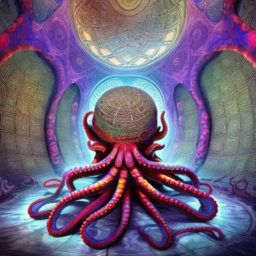 Prompt: Psychedelic Octopus hidden within the sacred geometry of a islamic dome.  The octopus is downloading binary code into a sufi that is meditating.
