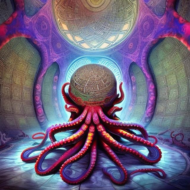 Prompt: Psychedelic Octopus hidden within the sacred geometry of a islamic dome.  The octopus is downloading binary code into a sufi that is meditating.
