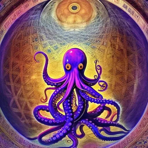 Prompt: Psychedelic Octopus hidden within the sacred geometry of a islamic dome.  The octopus is downloading binary code into a sufi that is meditating.
