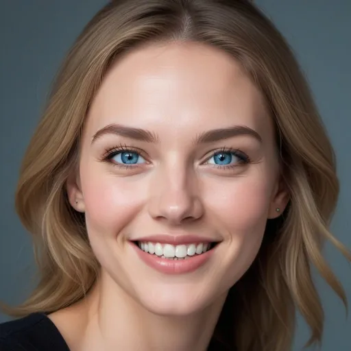 Prompt: The image is a close-up portrait of a woman with striking features. She has fair skin, high cheekbones, and a warm, inviting smile that reveals pearly white teeth. Her bright blue eyes are the centerpiece of the image, giving a sense of depth and vitality. Her  hair is styled in a casual manner with some strands elegantly framing her face. She wears a black top with a hint of lace detail, suggesting a blend of comfort and sophistication. The lighting in the photo highlights her facial features and complements her complexion, adding to the overall allure and friendly aura of the image.