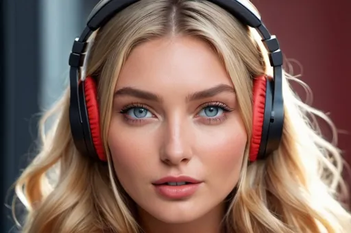 Prompt: professional portrait photograph of a gorgeous ((model Elsa Hosk butting a headphone on her ears)) in red winter clothing, long natural hair, listening to the music, sultry flirty look, (freckles), nice smile, spectacular attractive natural face, gorgeous symmetrical face, cute natural makeup, wearing elegant red warm winter fashion clothing, ((standing inside Music  studio), hyper- realistic, detailed features, realistic lighting, high quality, realistic view,, elegant, realistic setting, professional, detailed, glamorous, actress, iconic, stunning modern urban environment, ultra realistic, concept art, elegant, highly detailed, intricate, sharp focus, depth of field, f/1. 8, 85mm, medium shot, mid shot, (((professionally color graded))), bright soft diffused light, (volumetric fog), trending on instagram, hdr 4k, 8k