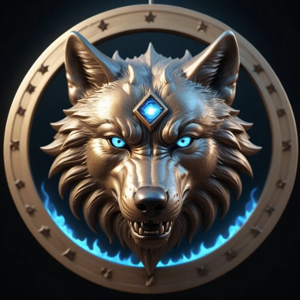 Prompt: angry wolf head eyes blue flame moon star motif 3D logo, photorealistic detailing studio lights setting high definition hyper realistic octane rendering 3d render exquisite detail a realistic photo 8k golden new logo for a 3d design house, best quality, ultra high resolution, intricate details, cinematic lighting, golden ratio, perfect composition, elegant, no crop, extremely detailed, 32k, sharp focus Best quality, ultra high resolution, intricate details, new logo, 3d factory, cinematic lighting, golden ratio, perfect composition, elegant, no crop, extremely detailed, 32k, sharp focus, masterpiece, HDR