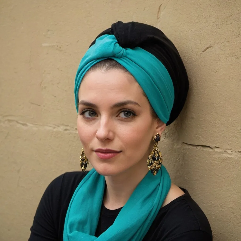 Prompt: The image features a woman wearing an tosca scarf, which is wrapped around her head. She is sitting down and posing for a picture. The woman is wearing a black top, and her outfit is complemented by a pair of earrings. The scene is set against a backdrop of a wall, which adds to the overall composition of the image.