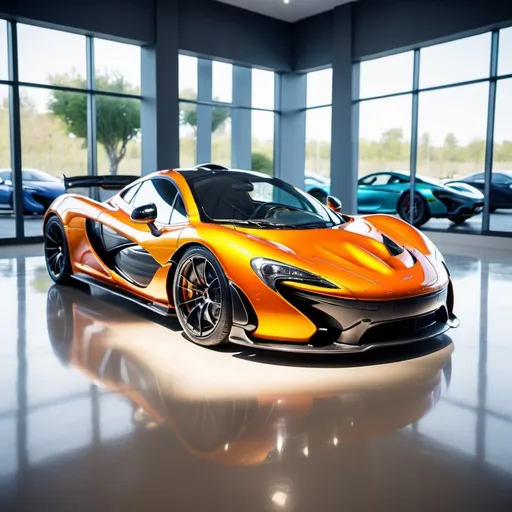 Prompt: [McLaren P1] car with sun light in a showroom, multi-layered, rounded, neo-plasticist, ue5, --v 6.0