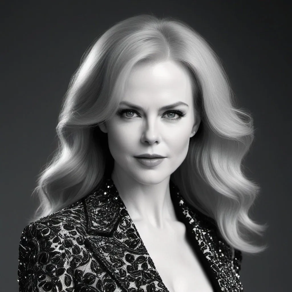 Prompt: an illustration of a young (Nicole Kidman) in black and white, in the style of red, mario testino, serene faces, effortlessly chic, blink-and-you-miss-it detail, chris labrooy, xu beihong --ar 25:36 --stylize 750 --v 6