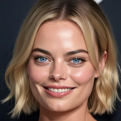 Prompt: The image is a close-up portrait of ((Margot Robbie)), 30 years old, with striking features. She has fair skin, high cheekbones, and a warm, inviting smile that reveals pearly white teeth. Her bright blue eyes are the centerpiece of the image, giving a sense of depth and vitality. Her  hair is styled in a casual manner with some strands elegantly framing her face. She wears a black top with a hint of lace detail, suggesting a blend of comfort and sophistication. The lighting in the photo highlights her facial features and complements her complexion, adding to the overall allure and friendly aura of the image.