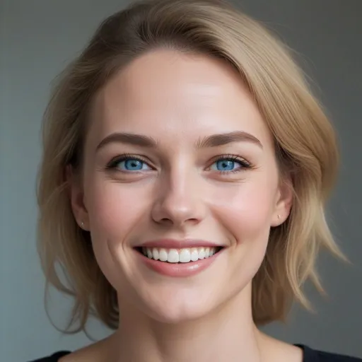 Prompt: The image is a close-up portrait of a woman with striking features. She has fair skin, high cheekbones, and a warm, inviting smile that reveals pearly white teeth. Her bright blue eyes are the centerpiece of the image, giving a sense of depth and vitality. Her  hair is styled in a casual manner with some strands elegantly framing her face. She wears a black top with a hint of lace detail, suggesting a blend of comfort and sophistication. The lighting in the photo highlights her facial features and complements her complexion, adding to the overall allure and friendly aura of the image.