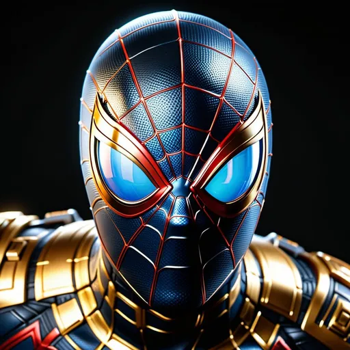 Prompt: Close-up face of (Marvel Spider-Man), full face,  Masterpiece, hyper Realistic, ultra natural look, Spider-Man, epic portrait, mech suit, black and gold ornament, hyper realistic, high fantasy, art station, detailed,((solid black background)), very natural, looking to the camera, movies cinematic shoot, A detailed face look of Spider-Man, realistic, ultra detailing, nice dynamic pose, 8K sharp focus, highly detailed, photorealism, super ultra high definition, hyperrealism, photorealistic, cinematic, 8k, 
 extremely high-resolution details, photographic, realism pushed to extreme, fine texture, incredibly lifelike, Serene, Dynamic
