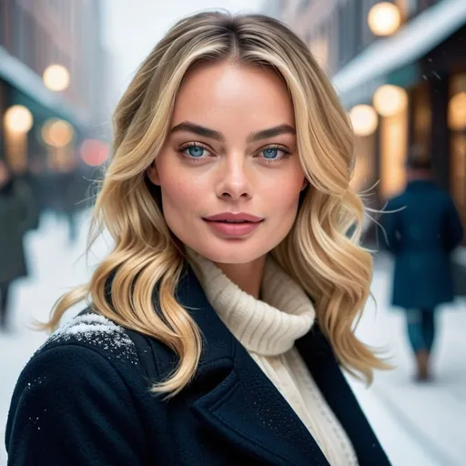 Prompt: professional portrait photograph of a gorgeous ((Margot Robbie)) in winter clothing with long wavy blonde hair, sultry flirty look, (freckles), gorgeous symmetrical face, cute natural makeup, wearing elegant warm winter fashion clothing, ((standing outside in snowy city street)), hyper- realistic, detailed features, realistic lighting, high quality, realistic view,, elegant, realistic setting, professional, detailed, glamorous, actress, iconic, stunning modern urban environment, ultra realistic, concept art, elegant, highly detailed, intricate, sharp focus, depth of field, f/1. 8, 85mm, medium shot, mid shot, (((professionally color graded))), bright soft diffused light, (volumetric fog), trending on instagram, hdr 4k, 8k
