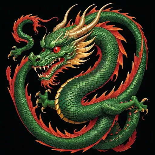 Prompt: a dragon in Chinese, in the style of bold, graphic compositions, dark green and amber, black background, colorized, precarious balance, light green and red, mark brooks