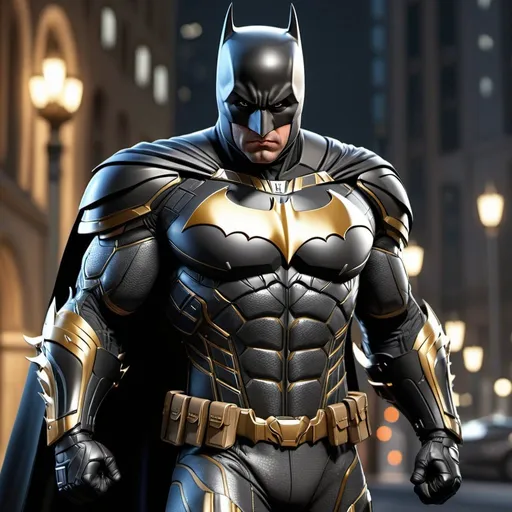 Prompt: A full body Batman character, realistic, ultra detailing, nice dynamic pose, 8K sharp focus, highly detailed, photorealism, armored luxury suit with white and gold chrome details and matte black