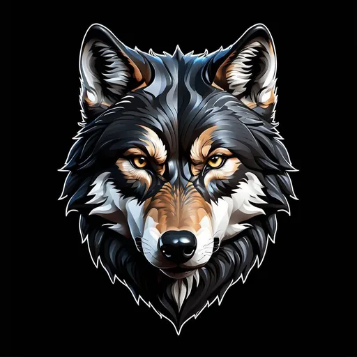 Prompt: male, natural color wolf, wolf hybrid, a theomorphic character, hyper-realistic, logo design, solid dark black background, logo real character 