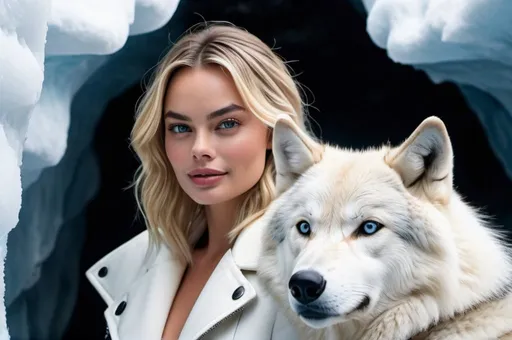 Prompt: professional portrait photograph of a gorgeous ((Margot Robbie with tow wolves) (sitting and holding a white wolf and) in modern winter clothing, long natural hair, most attractive face, sultry flirty look, (freckles), nice smile, spectacular attractive natural face, gorgeous symmetrical face, cute natural makeup, wearing an ice cap, wearing elegant warm winter fashion clothing, ((standing out side a frozen cave), hyper- realistic, detailed features, realistic lighting, high quality, realistic view,, elegant, realistic setting, professional, detailed, glamorous, actress, iconic, stunning modern urban environment, ultra realistic, concept art, elegant, highly detailed, intricate, sharp focus, depth of field, f/1. 8, 85mm, medium shot, mid shot, (((professionally color graded))), bright soft diffused light, (volumetric fog), trending on instagram, hdr 4k, 8k