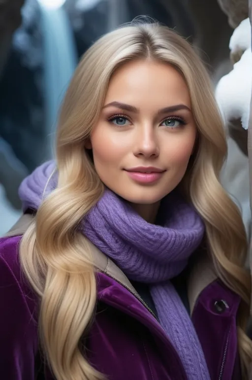 Prompt: professional portrait photograph of a gorgeous ((Most Attractive Norwegian Lady )) in velvet purple  winter clothing, long natural hair, wearing ice cap, most attractive face, sultry flirty look, (freckles), nice smile, spectacular attractive natural face, gorgeous symmetrical face, cute natural makeup, wearing elegant warm winter fashion clothing, ((standing out side a frozen cave), hyper- realistic, detailed features, realistic lighting, high quality, realistic view,, elegant, realistic setting, professional, detailed, glamorous, actress, iconic, stunning modern urban environment, ultra realistic, concept art, elegant, highly detailed, intricate, sharp focus, depth of field, f/1. 8, 85mm, medium shot, mid shot, (((professionally color graded))), bright soft diffused light, (volumetric fog), trending on instagram, hdr 4k, 8k