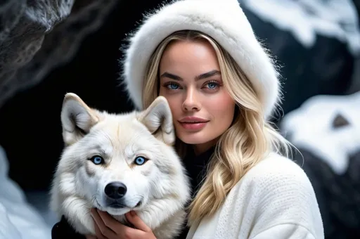 Prompt: professional portrait photograph of a gorgeous ((Margot Robbie with tow wolves) (sitting and holding a white wolf and) in modern winter clothing, long natural hair, most attractive face, sultry flirty look, (freckles), nice smile, spectacular attractive natural face, gorgeous symmetrical face, cute natural makeup, wearing an ice cap, wearing elegant warm winter fashion clothing, ((standing out side a frozen cave), hyper- realistic, detailed features, realistic lighting, high quality, realistic view,, elegant, realistic setting, professional, detailed, glamorous, actress, iconic, stunning modern urban environment, ultra realistic, concept art, elegant, highly detailed, intricate, sharp focus, depth of field, f/1. 8, 85mm, medium shot, mid shot, (((professionally color graded))), bright soft diffused light, (volumetric fog), trending on instagram, hdr 4k, 8k