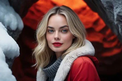 Prompt: professional portrait photograph of a gorgeous ((Margot Robbie sitting in the middle of white wolf and grey wolf )) in red winter clothing, long natural hair, most attractive face, sultry flirty look, (freckles), nice smile, spectacular attractive natural face, gorgeous symmetrical face, cute natural makeup, wearing elegant warm winter fashion clothing, ((standing out side a frozen cave), hyper- realistic, detailed features, realistic lighting, high quality, realistic view,, elegant, realistic setting, professional, detailed, glamorous, actress, iconic, stunning modern urban environment, ultra realistic, concept art, elegant, highly detailed, intricate, sharp focus, depth of field, f/1. 8, 85mm, medium shot, mid shot, (((professionally color graded))), bright soft diffused light, (volumetric fog), trending on instagram, hdr 4k, 8k