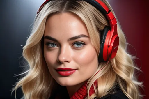 Prompt: professional portrait photograph of a gorgeous ((Margot Robbie butting a headphone on her ears)) in red winter clothing, long natural hair, listening to the music, sultry flirty look, (freckles), nice smile, spectacular attractive natural face, gorgeous symmetrical face, cute natural makeup, wearing elegant red warm winter fashion clothing, ((standing inside Music  studio), hyper- realistic, detailed features, realistic lighting, high quality, realistic view,, elegant, realistic setting, professional, detailed, glamorous, actress, iconic, stunning modern urban environment, ultra realistic, concept art, elegant, highly detailed, intricate, sharp focus, depth of field, f/1. 8, 85mm, medium shot, mid shot, (((professionally color graded))), bright soft diffused light, (volumetric fog), trending on instagram, hdr 4k, 8k