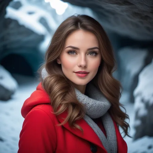 Prompt: professional portrait photograph of a gorgeous ((Most Attractive European Lady )) in red winter clothing, long natural hair, most attractive face, sultry flirty look, (freckles), nice smile, spectacular attractive natural face, gorgeous symmetrical face, cute natural makeup, wearing elegant warm winter fashion clothing, ((standing out side a frozen cave), hyper- realistic, detailed features, realistic lighting, high quality, realistic view,, elegant, realistic setting, professional, detailed, glamorous, actress, iconic, stunning modern urban environment, ultra realistic, concept art, elegant, highly detailed, intricate, sharp focus, depth of field, f/1. 8, 85mm, medium shot, mid shot, (((professionally color graded))), bright soft diffused light, (volumetric fog), trending on instagram, hdr 4k, 8k