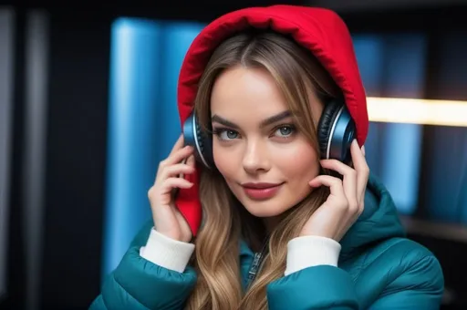 Prompt: professional real portrait photograph of a gorgeous ((a Russian woman in a hooded jacket with her natural eyes, butting a headphone on her ears)) professional portrait photograph of a gorgeous ((Margot Robbie butting a headphone on her ears)) in red winter clothing, long natural hair, listening to the music, sultry flirty look, (freckles), nice smile, spectacular attractive natural face, gorgeous symmetrical face, cute natural makeup, wearing elegant red warm winter fashion clothing, ((standing inside Music  studio), hyper- realistic, detailed features, realistic lighting, high quality, realistic view,, elegant, realistic setting, professional, detailed, glamorous, actress, iconic, stunning modern urban environment, ultra realistic, concept art, elegant, highly detailed, intricate, sharp focus, depth of field, f/1. 8, 85mm, medium shot, mid shot, (((professionally color graded))), bright soft diffused light, (volumetric fog), trending on instagram, hdr 4k, 8kin blue purple winter clothing, (putting off her hand fingers in her mouth) long natural hair, listening to the music, sultry flirty look, (freckles), looking into the camera, nice laughing smile, spectacular attractive natural face, gorgeous symmetrical face, cute natural makeup, wearing elegant purple red warm winter fashion clothing, ((standing inside Music  studio), hyper- realistic, detailed features, realistic lighting, high quality, realistic view,, elegant, realistic setting, professional, detailed, glamorous, actress, iconic, stunning modern urban environment, ultra realistic, concept art, elegant, highly detailed, intricate, sharp focus, depth of field, f/1. 8, 85mm, medium shot, mid shot, (((professionally color graded))), bright soft diffused light, (volumetric fog), trending on instagram, hdr 4k, 8k