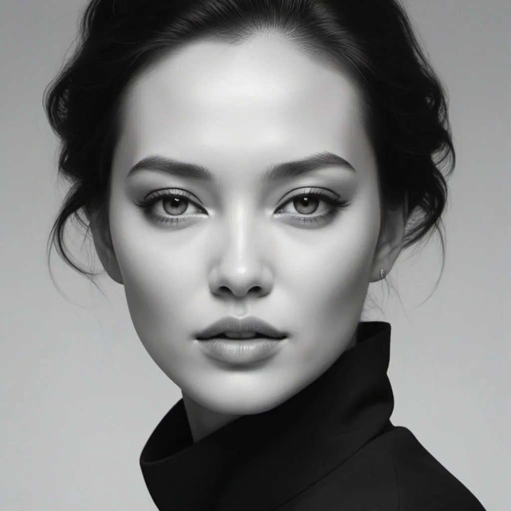 Prompt: an illustration of a woman in black and white, in the style of red, mario testino, serene faces, effortlessly chic, blink-and-you-miss-it detail, chris labrooy, xu beihong --ar 25:36 --stylize 750 --v 6