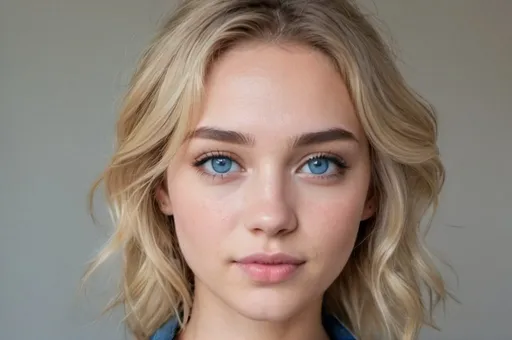 Prompt: A portrait of a young woman with light skin and loose, wavy blonde hair with brown roots. She has bright blue eyes, emphasized by delicate eye makeup, and natural, arched eyebrows. Her makeup is understated, featuring a touch of blush and neutral pink lips, and a few beauty marks adorn her neck. She is wearing a dark denim top, slightly unbuttoned. The focus and lighting on her face bring out the depth of her eyes and the soft texture of her skin.
