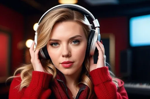 Prompt: professional portrait photograph of a gorgeous ((Scarlett Johansson butting a headphone on her ears)) in red winter clothing, long natural hair, listening to the music, sultry flirty look, (freckles), nice smile, spectacular attractive natural face, gorgeous symmetrical face, cute natural makeup, wearing elegant red warm winter fashion clothing, ((standing inside Music  studio), hyper- realistic, detailed features, realistic lighting, high quality, realistic view,, elegant, realistic setting, professional, detailed, glamorous, actress, iconic, stunning modern urban environment, ultra realistic, concept art, elegant, highly detailed, intricate, sharp focus, depth of field, f/1. 8, 85mm, medium shot, mid shot, (((professionally color graded))), bright soft diffused light, (volumetric fog), trending on instagram, hdr 4k, 8k