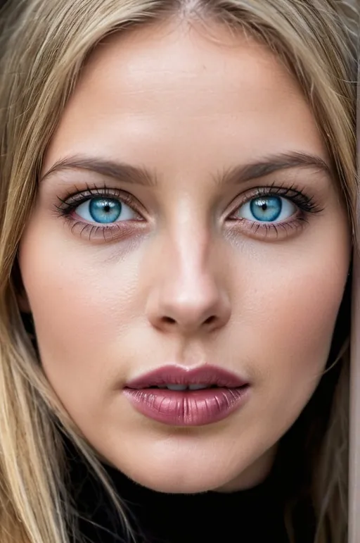 Prompt: HDR photo of extreme close-up, woman, light blue eyes, perfect eyes, long blonde hair with brunette highlights, full lips, glossy lipstick, dark eye makeup, alluring, attractive, dark, moody, minimal light, outside . High dynamic range, vivid, rich details, clear shadows and highlights, realistic, intense, enhanced contrast, highly detailed