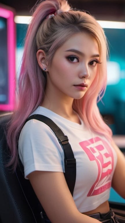 Prompt: amazingly detailed, masterpiece, ultra hd, full body, dynamic angle, beautiful girl, computer gamer, gaming computer, gaming chair, playing cyberpunk 2077, neon bedroom , streamer setup, cyberpunk theme, wild long hair, blonde with pink streaks, high detail hair, smokey eye shadow, high detail skin, high detail eyes, attractive eyes, smokey makeup, slender body, toned body, perfect face, slim athletic body, , (cold attitude, eyeshadow, eyeliner:1. 6), tattoo, diamond nose stud, (Vintage Samurai Retro Japanese Gaming 2077 Art Game Style T-Shirt), vibrant colors, beautiful, dramatic lighting, shallow depth of field, Ultra-realistic, beautiful lighting