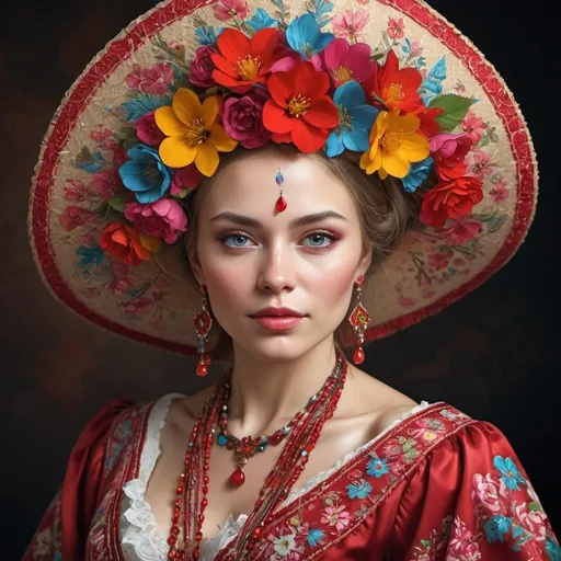 Prompt: Kodak Porta, illustration of a Russian woman, made of cherry and wodka, liquid Lanna style traditional dress, color splash, detailed face, intricate, elegant, sharp focus, photo by greg rutkowski, softbox lighting, vibrant colors, masterpiece, detailed face, detailed face, flower hat, <lora:add_detail:0. 4> <lora:epi_noiseoffset2:0. 4> <lora:hairdetailer:0. 6> <lora:more_details:0. 3> <lora:add-detail-xl:1. 2> <lora:DetailedEyes_V3:1. 2> <lora:sd_xl_offset_example-lora_1. 0:1. 2>
