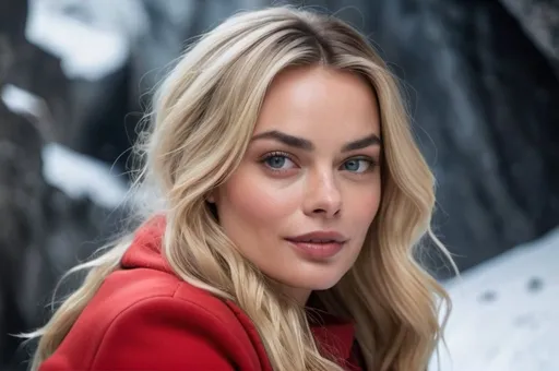 Prompt: professional portrait photograph of a gorgeous ((Margot Robbie sitting in the middle of white wolf and grey wolf )) in red winter clothing, long natural hair, most attractive face, sultry flirty look, (freckles), nice smile, spectacular attractive natural face, gorgeous symmetrical face, cute natural makeup, wearing elegant warm winter fashion clothing, ((standing out side a frozen cave), hyper- realistic, detailed features, realistic lighting, high quality, realistic view,, elegant, realistic setting, professional, detailed, glamorous, actress, iconic, stunning modern urban environment, ultra realistic, concept art, elegant, highly detailed, intricate, sharp focus, depth of field, f/1. 8, 85mm, medium shot, mid shot, (((professionally color graded))), bright soft diffused light, (volumetric fog), trending on instagram, hdr 4k, 8k