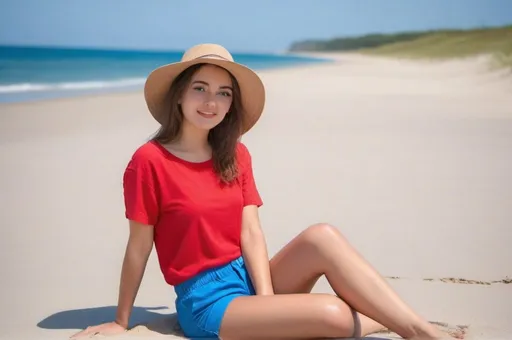 Prompt: The image features a beautiful young woman sitting on a sandy beach, wearing a hat and a red shirt. She is posing for the camera, and her outfit includes a pair of blue shorts. The beach setting and her attire create a relaxed and summery atmosphere.