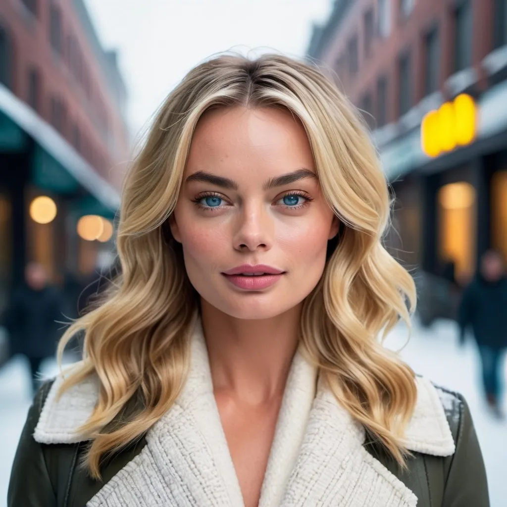 Prompt: professional portrait photograph of a gorgeous ((Margot Robbie)) in winter clothing with long wavy blonde hair, sultry flirty look, (freckles), gorgeous symmetrical face, cute natural makeup, wearing elegant warm winter fashion clothing, ((standing outside in snowy city street)), hyper- realistic, detailed features, realistic lighting, high quality, realistic view,, elegant, realistic setting, professional, detailed, glamorous, actress, iconic, stunning modern urban environment, ultra realistic, concept art, elegant, highly detailed, intricate, sharp focus, depth of field, f/1. 8, 85mm, medium shot, mid shot, (((professionally color graded))), bright soft diffused light, (volumetric fog), trending on instagram, hdr 4k, 8k