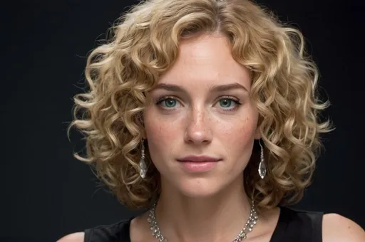 Prompt: An image of a woman with shoulder-length curly hair highlighted in blonde, fair freckled skin, and hazel eyes. Her makeup is understated and elegant. She wears a black V-neck top and a statement silver necklace with crystal embellishments. Her posture is confident, and her expression is serene.