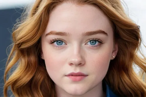 Prompt: A portrait of a (Sadie Sink) with light skin and loose, wavy blonde hair with brown roots. She has bright blue eyes, emphasized by delicate eye makeup, and natural, arched eyebrows. Her makeup is understated, featuring a touch of blush and neutral pink lips, and a few beauty marks adorn her neck. She is wearing a dark denim top, slightly unbuttoned. The focus and lighting on her face bring out the depth of her eyes and the soft texture of her skin.