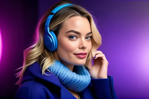 Prompt: professional real portrait photograph of a gorgeous ((Margot Robbie butting a headphone on her ears)) in blue purple winter clothing, (putting off her hand fingers in her mouth) long natural hair, listening to the music, sultry flirty look, (freckles), looking into the camera, nice laughing smile, spectacular attractive natural face, gorgeous symmetrical face, cute natural makeup, wearing elegant purple red warm winter fashion clothing, ((standing inside Music  studio), hyper- realistic, detailed features, realistic lighting, high quality, realistic view,, elegant, realistic setting, professional, detailed, glamorous, actress, iconic, stunning modern urban environment, ultra realistic, concept art, elegant, highly detailed, intricate, sharp focus, depth of field, f/1. 8, 85mm, medium shot, mid shot, (((professionally color graded))), bright soft diffused light, (volumetric fog), trending on instagram, hdr 4k, 8k