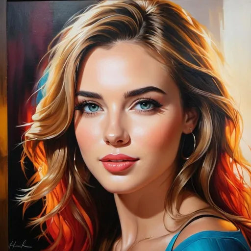 Prompt: Hannah, attractive, realistic oil painting, vibrant colors, warm lighting, detailed facial features, high quality, realistic, vibrant colors, warm lighting, beautiful