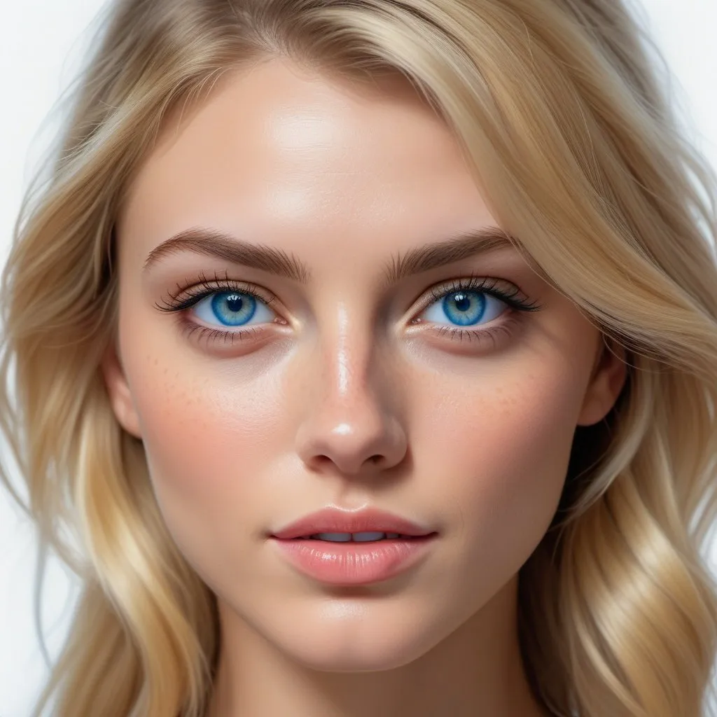 Prompt: a woman with blonde hair and blue eyes, a photorealistic painting by James Baynes, featured on cg society, photorealism, behance hd, white background, uhd image, sultry flirty look, (freckles), gorgeous symmetrical face, cute natural makeup, stunning modern urban environment, ultra realistic, concept art, elegant, highly detailed, intricate, sharp focus, depth of field, f/1.8, 85mm, medium shot, mid shot, (((professionally color graded))), bright soft diffused light, (volumetric fog), trending on instagram, hdr 4k, 8k