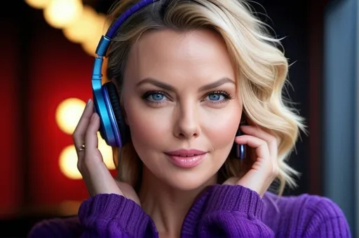 Prompt: professional real portrait photograph of a gorgeous ((Charlize Theron 
butting a headphone on her ears)) in blue purple winter clothing, (putting off her hand fingers in her mouth) long natural hair, listening to the music, sultry flirty look, (freckles), looking into the camera, nice laughing smile, spectacular attractive natural face, gorgeous symmetrical face, cute natural makeup, wearing elegant purple red warm winter fashion clothing, ((standing inside Music  studio), hyper- realistic, detailed features, realistic lighting, high quality, realistic view,, elegant, realistic setting, professional, normal hand, detailed, glamorous, actress, iconic, stunning modern urban environment, ultra realistic, concept art, elegant, highly detailed, intricate, sharp focus, depth of field, f/1. 8, 85mm, medium shot, mid shot, (((professionally color graded))), bright soft diffused light, (volumetric fog), trending on instagram, hdr 4k, 8k