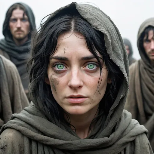 Prompt: A woman with raven black hair, green eyes and covered in dirt, wearing rags, escaped from a dungeon and now wonders in a grey wasteland with other people also in rags. Sunken eyes, Lord of the Rings, Tolkien, Hillmen, Dunlending