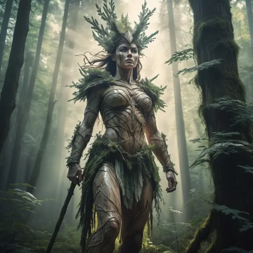 Prompt: Giant  female warrior made of trees, ethereal material, towering presence, realistic, high quality, surreal, epic proportions, dramatic lighting, dramatic pose, atmospheric, larger than life, in the forest, mystical, otherworldly, grandiose, soft color palette, grand spectacle, expertly detailed, majestic