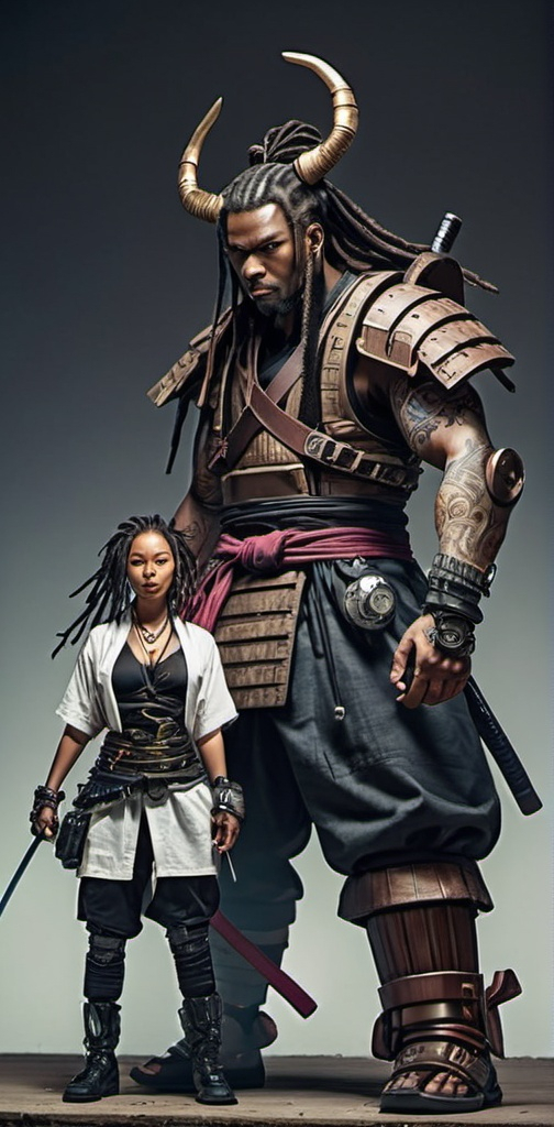 Prompt: A giant 20 feet samurai looking warrior fighting  a 5 feet cyberpunk man with locs for hair with his sidekick 5 feet steampunk girlfriend 