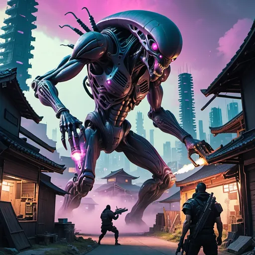 Prompt: Giant 30 feet cyberpunk alien with a big gun destroying a ninja village.