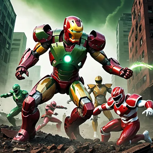 Prompt: Ironman vs Power Rangers in a toxic world, highres, ultra-detailed, comic style, toxic green and rusty red tones, dramatic lighting, intense action, futuristic tech, detailed armor, urban decay, toxic atmosphere, dynamic poses, post-apocalyptic, intense battle, comic book illustration