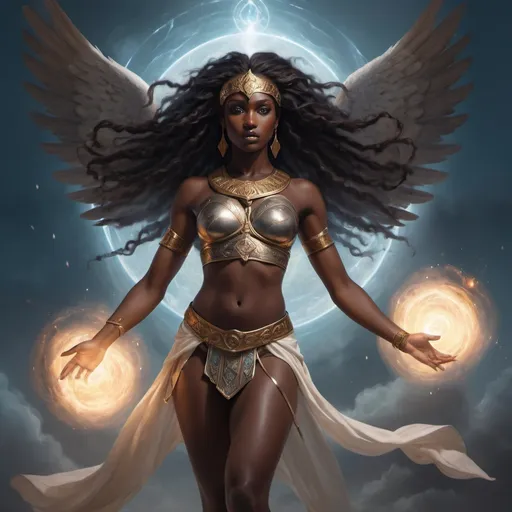 Prompt: Young female dark skin warrior, master of all elements, ethereal material, all four elements flying around the greek god,floating presence, realistic, high quality, surreal, epic proportions, peaceful lighting, mysterious, atmospheric, mystical, otherworldly, grandiose, soft color palette, grand spectacle, expertly detailed, majestic